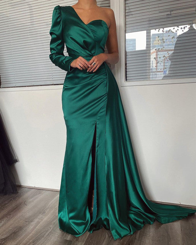 one shoulder green prom dress Emerald Mermaid Dresses Split Split Sleeve Size:XL 17