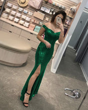 Load image into Gallery viewer, Sparkle Sequin Mermaid Dresses Off Shoulder Leg Slit
