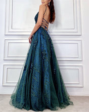 Load image into Gallery viewer, Green Tulle V Neck Open Back Long Prom Dresses
