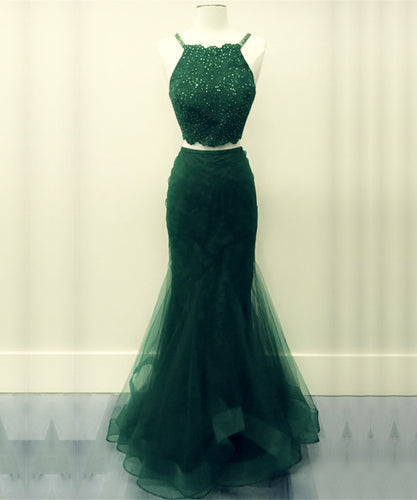 Two Piece Green Prom Dresses Mermaid
