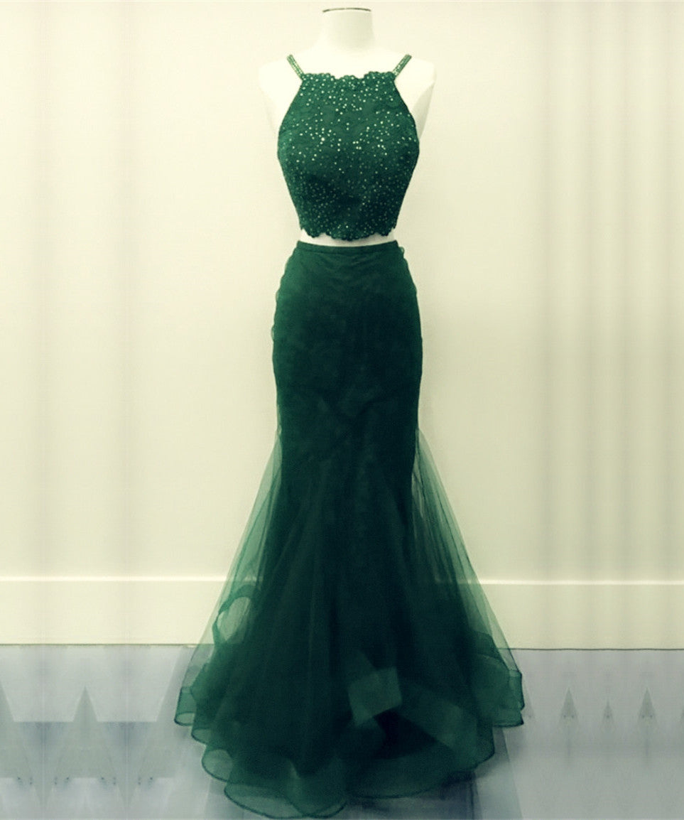Two Piece Green Prom Dresses Mermaid