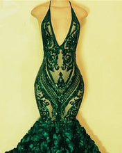 Load image into Gallery viewer, Green Sequinned Lace Rosette Mermaid Dresses
