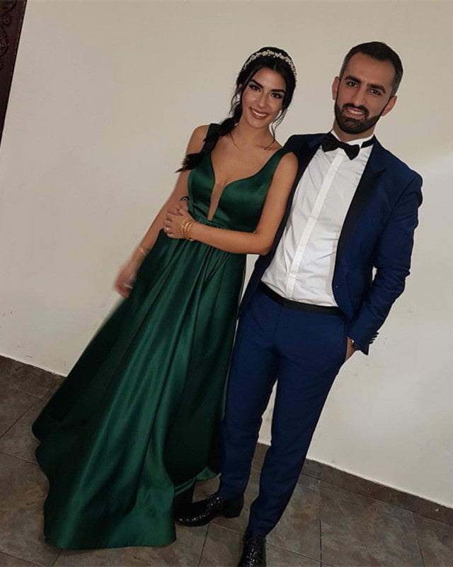 Long Satin V-Neck Prom Dresses Backless Evening Gowns Long Satin V-Neck Prom Dresses Backless Evening Gowns