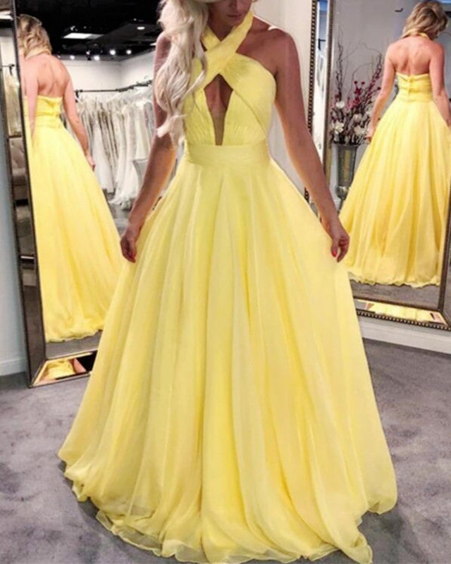 Halter Chiffon Open Back Prom Dresses-alinanova
