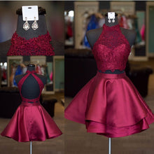 Load image into Gallery viewer, Halter Lace Crop Top Satin Homecoming Dresses Short Prom Dress Two Piece
