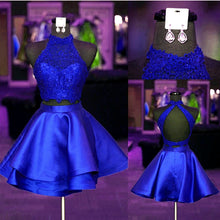 Load image into Gallery viewer, Halter Lace Crop Top Satin Homecoming Dresses Short Prom Dress Two Piece
