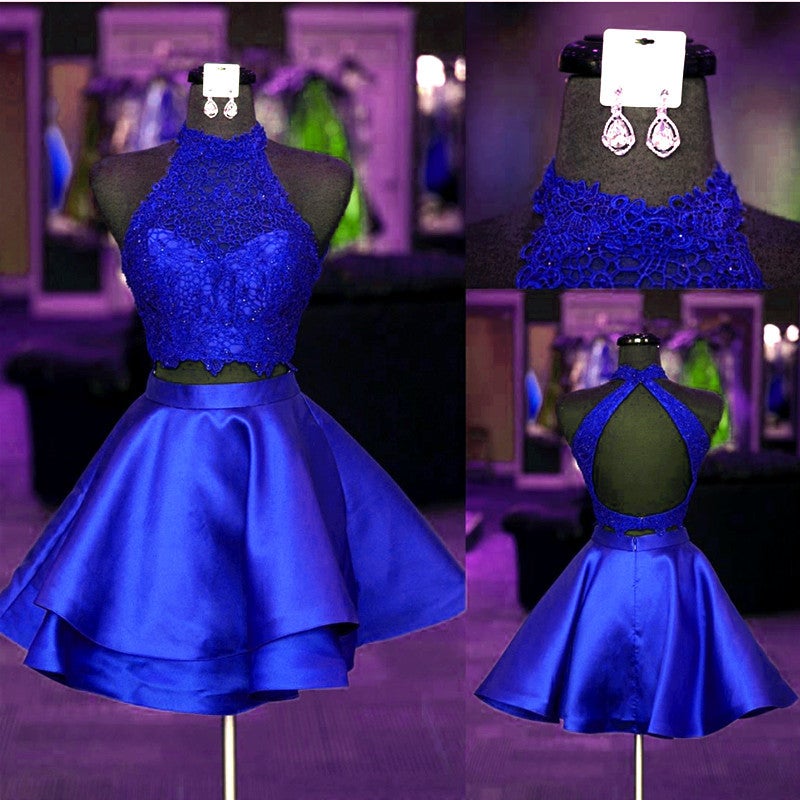 Halter Lace Crop Top Satin Homecoming Dresses Short Prom Dress Two Piece Halter Lace Crop Top Satin Homecoming Dresses Short Prom Dress Two Piece
