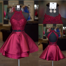 Load image into Gallery viewer, Halter Lace Crop Top Satin Homecoming Dresses Short Prom Dress Two Piece
