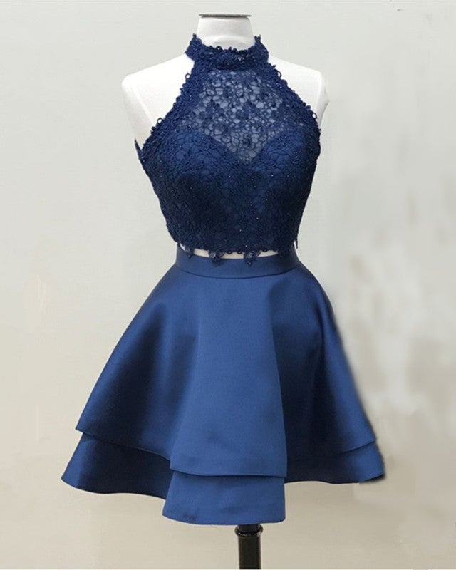Halter Neck Navy Blue Piece Homecoming Dress Halter Lace Crop Top Satin Homecoming Dresses Short Prom Dress Two Halter Neck Navy Blue Piece Homecoming Dress Halter Lace Crop Top Satin Homecoming Dresses Short Prom Dress Two
