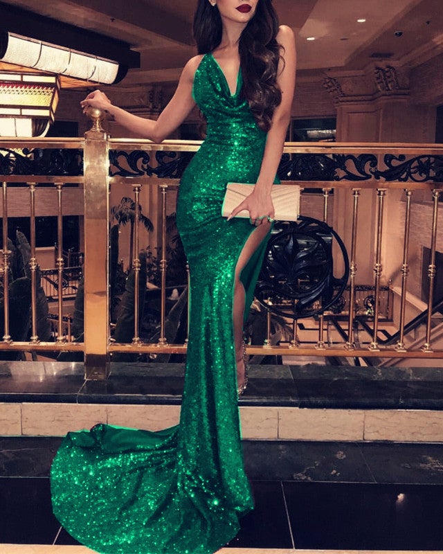 Halter Neck Long Sequin Mermaid Prom Dresses Leg Split – alinanova