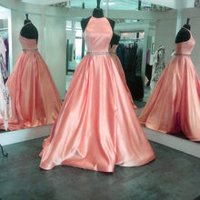 Load image into Gallery viewer, Halter Satin Prom Dresses Ball Gowns Beaded Sashes
