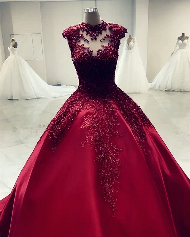 strapless open back dress High Neck Ball Gown Satin Dresses Lace Embroidery Beaded