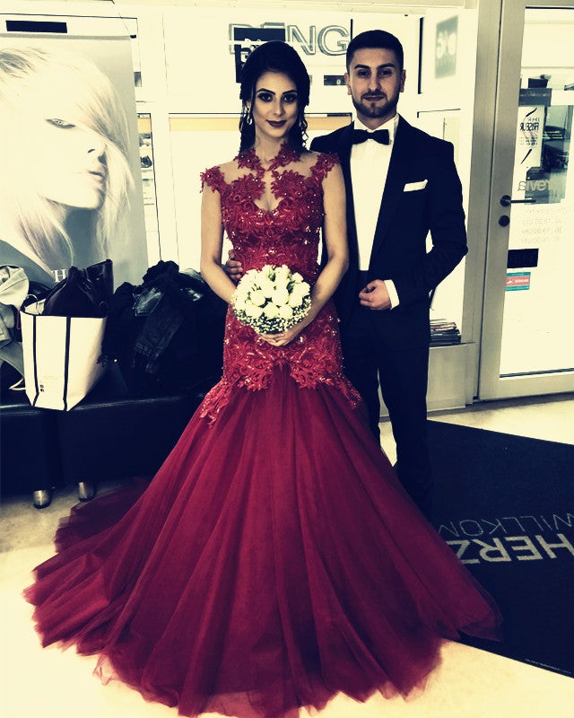 fitted lace wedding dress High Neck Mermaid Evening Dress Appliques Prom Gown