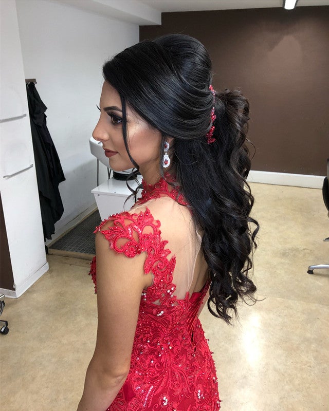 Red High Neck Mermaid Prom Evening Dresses  alinanova