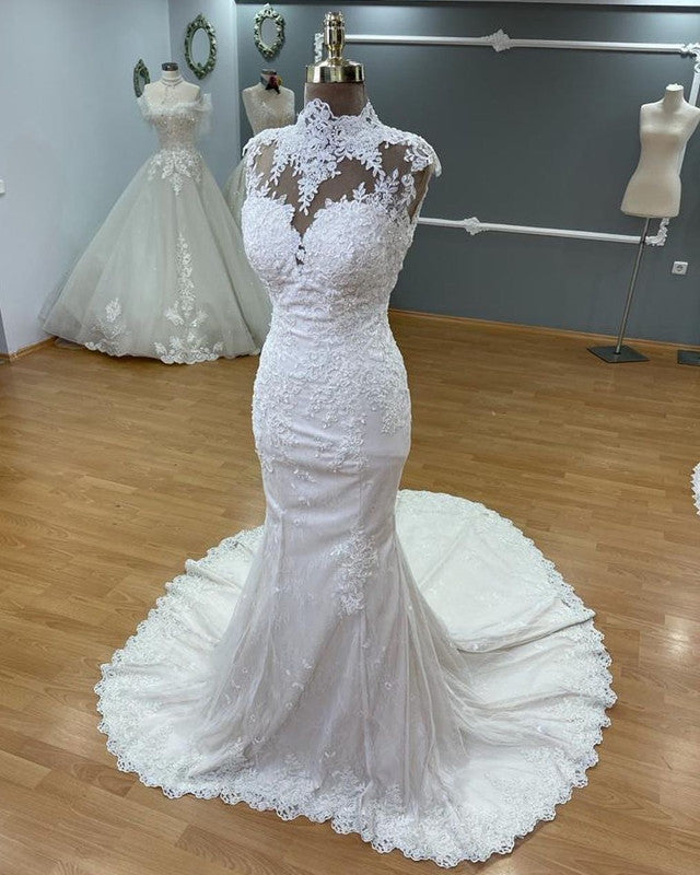 Lace Mermaid Wedding Dresses High Neck Open Back