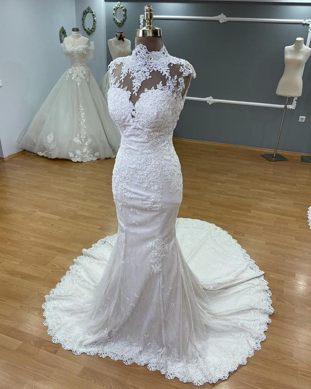 Lace Mermaid Wedding Dresses High Neck Open Back-alinanova