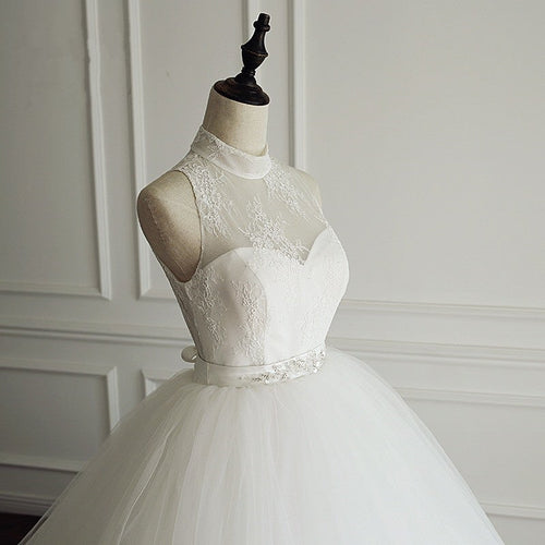 High Neck Open Back Tulle Ball Gown Wedding Dresses-alinanova