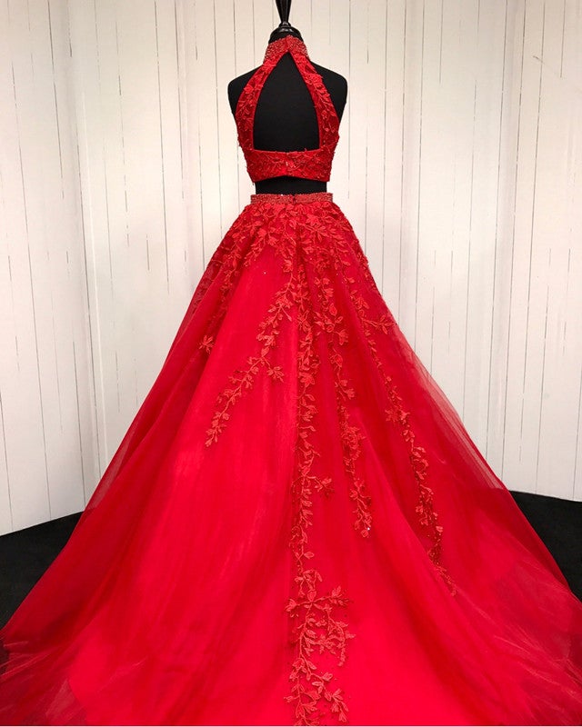 High Neck Open Back Tulle Prom Dresses Two Piece Quinceanera Dress Bal High Neck Open Back Tulle Prom Dresses Two Piece Quinceanera Dress Bal