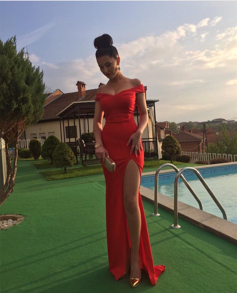 High Slit Long Satin Red Mermaid Bridesmaid Dress Off Shoulder  alinanova