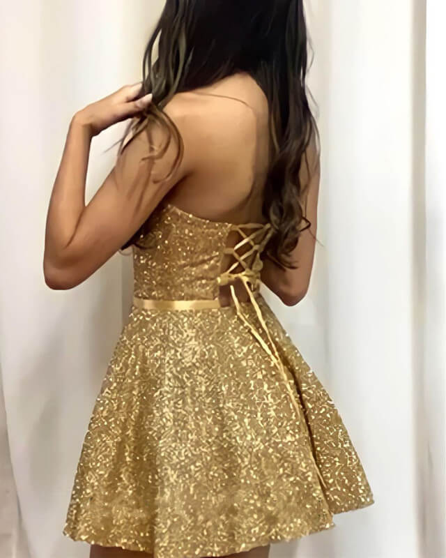 Short Gold Sparkly Homecoming Dresses Strapless
