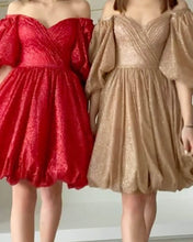 Load image into Gallery viewer, Short Puffy Sleeves Sparkly Dress
