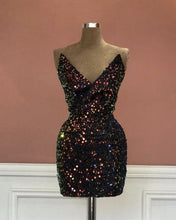 Load image into Gallery viewer, Short V-neck Black Sequin Tight Dress
