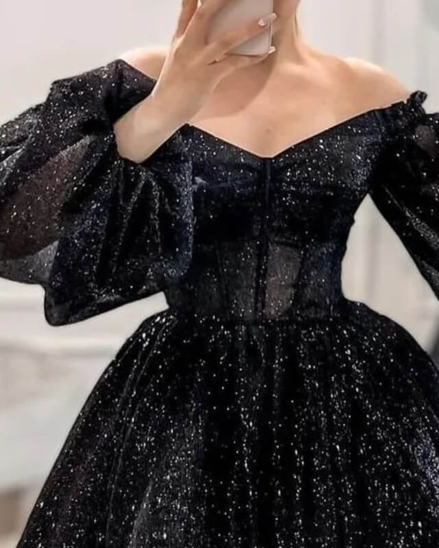 Short Black Sparkly Puffy Sleeve Dress
