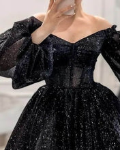 Load image into Gallery viewer, Short Black Sparkly Puffy Sleeve Dress
