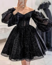 Load image into Gallery viewer, Short Black Sparkly Puffy Sleeve Dress
