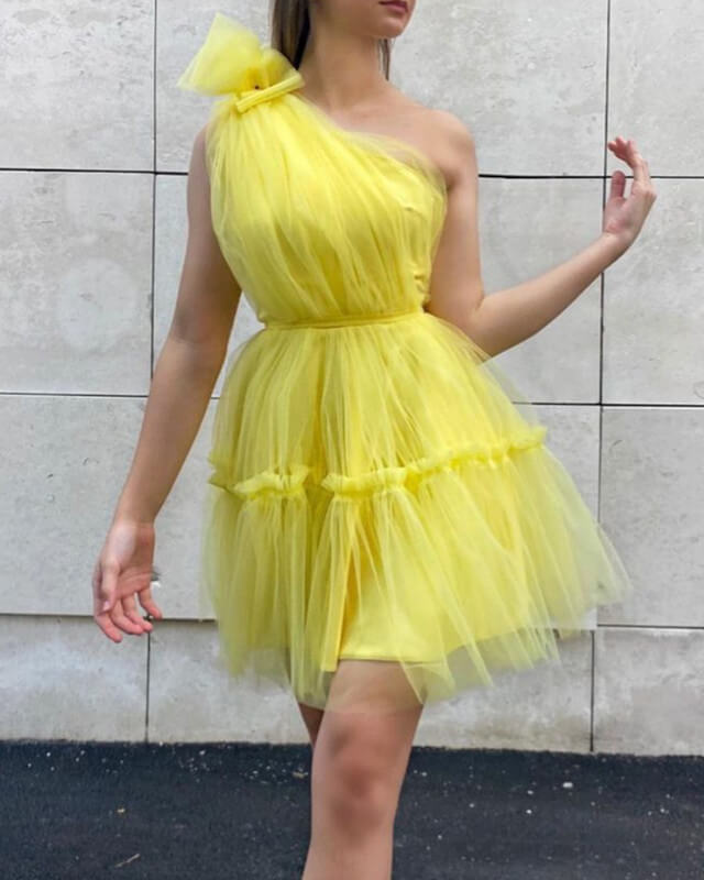 One Shoulder Tiered Tulle Mini Dress
