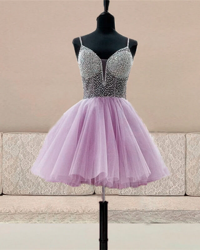 Spaghetti Straps Beaded V-neck Tulle Mini Dress
