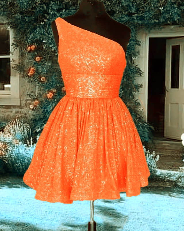 orange sequin homecoming dress Short Sparkly One Shoulder Party Dress