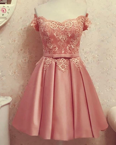 Lace Off Shoulder Satin Homecoming Dresses Bow Sashes-alinanova