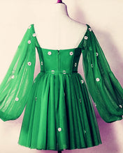 Load image into Gallery viewer, Short Green Puffy Sleeves Dress With Daisy Flowers
