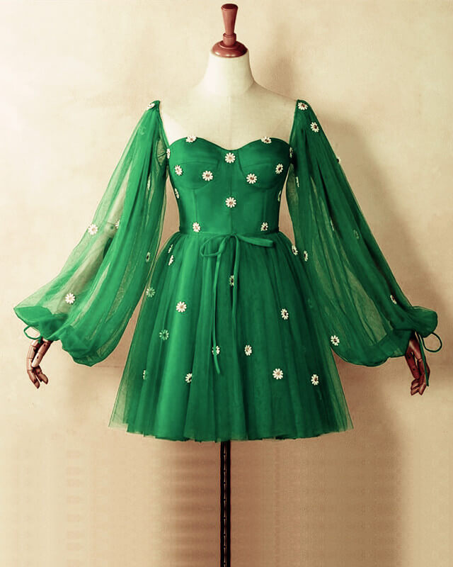 Short Green Puffy Sleeves Dress With Daisy Flowers