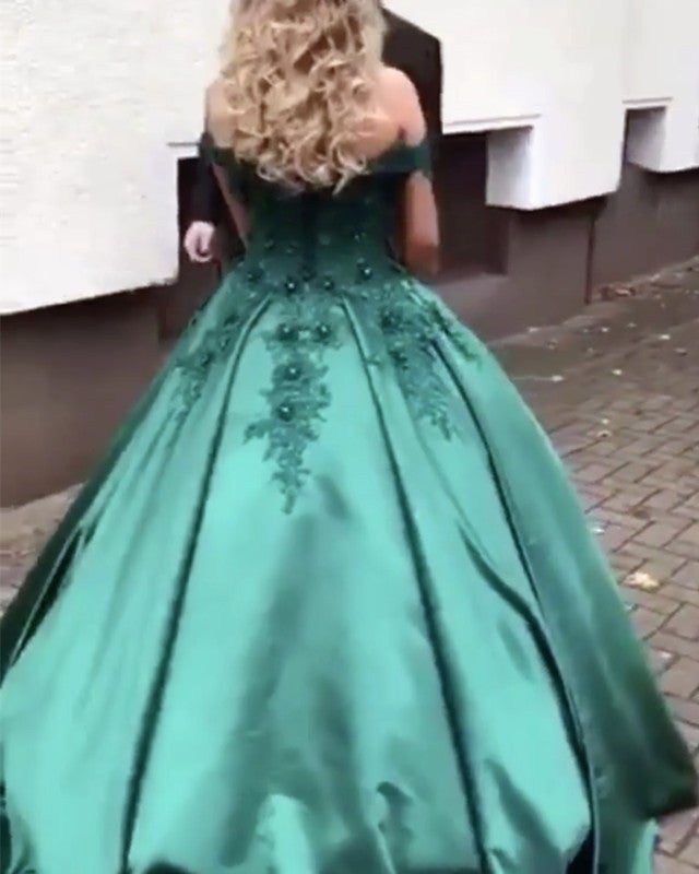 Hunter Green Satin Ball Gowns Wedding Dresses Lace Off The Shoulder –  alinanova