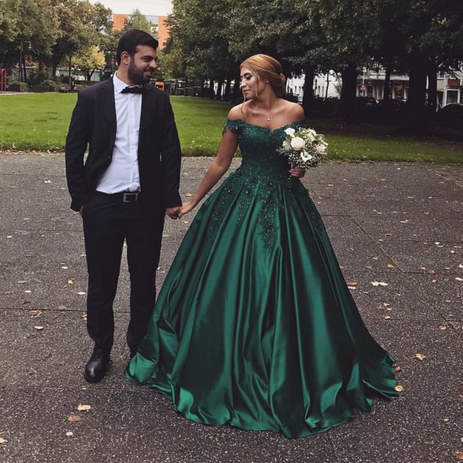 Hunter Green Satin Ball Gowns Wedding Dresses Lace Off The Shoulder ...