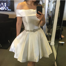 Load image into Gallery viewer, White Satin Off The Shoulder Homecoming Dresses Beaded Sashes-alinanova
