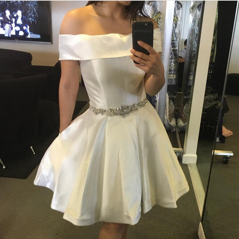 White Satin Off The Shoulder Homecoming Dresses Beaded Sashes-alinanova