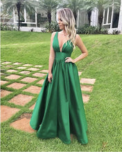 Load image into Gallery viewer, Simple Satin V-neck Empire Prom Dresses Floor Length
