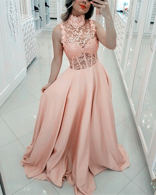 knee length dresses for ladies Open Back A Line V Neck Hot Pink Lace Long Prom Dresses with High Slit –  jbydress main image 1