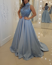 Load image into Gallery viewer, Elegant Lace High Neck Long Satin Prom Dresses
