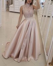 Load image into Gallery viewer, Elegant Lace High Neck Long Satin Prom Dresses
