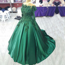Load image into Gallery viewer, 3D Lace Flower Long Sleeves Satin Ballgowns Prom Dresses Off The Shoulder
