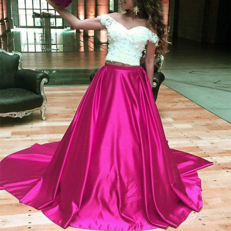 Two Piece Satin Prom Dresses with White Lace Crop Top