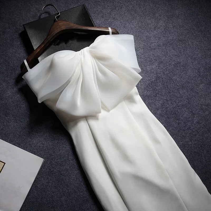 Simple White Chiffon Mermaid Wedding Dresses 2018 With Bow-alinanova