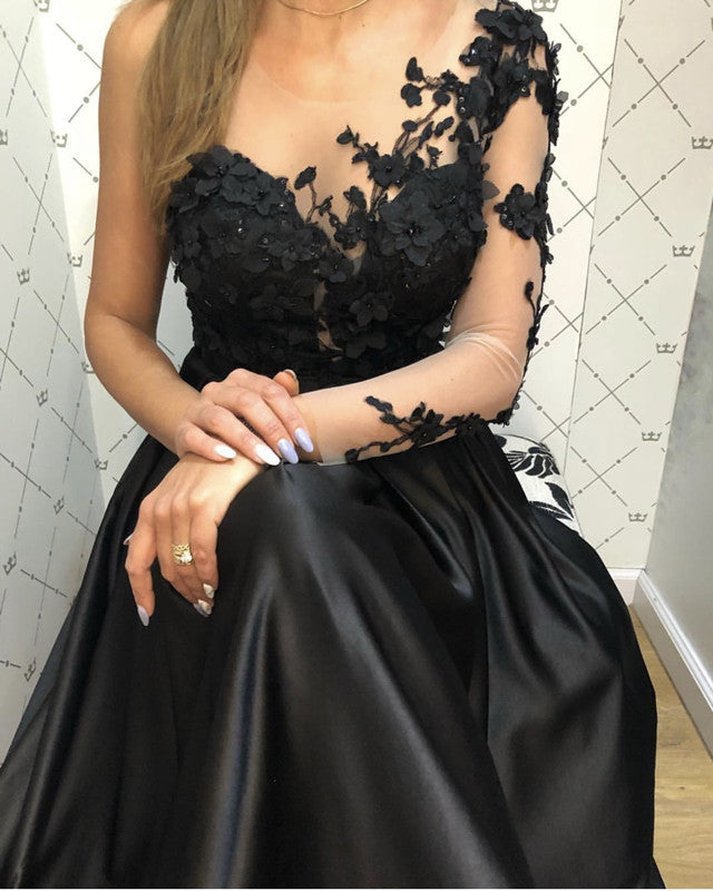 fitted lace wedding dress Lace Long Sleeves Satin Prom Evening Dresses One Shoulder – alinanova