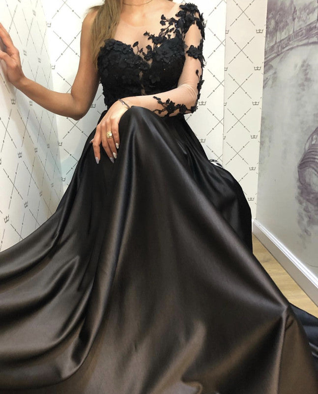 Lace Long Sleeves Satin Prom Evening Dresses One Shoulder alinanova Lace Long Sleeves Satin Prom Evening Dresses One Shoulder alinanova
