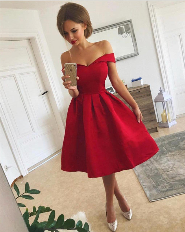Knee Length V-neck Off The Shoulder Satin Bridesmaid Dresses
