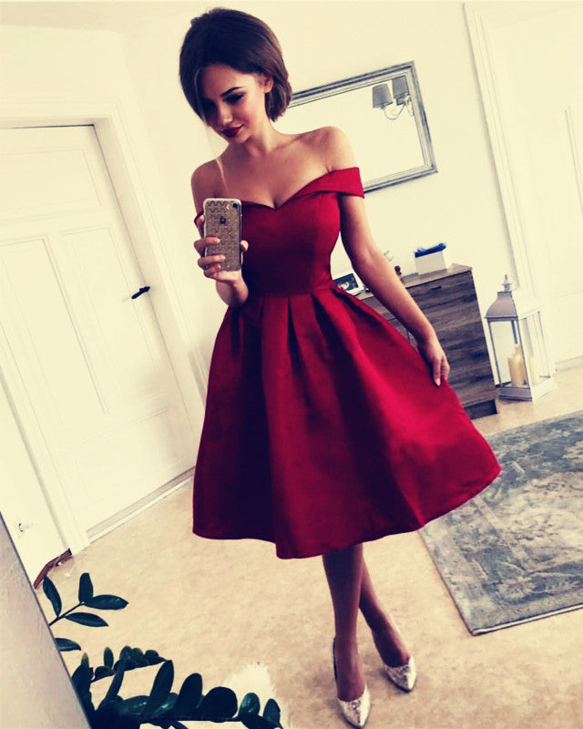 Knee Length V-neck Off The Shoulder Satin Bridesmaid Dresses